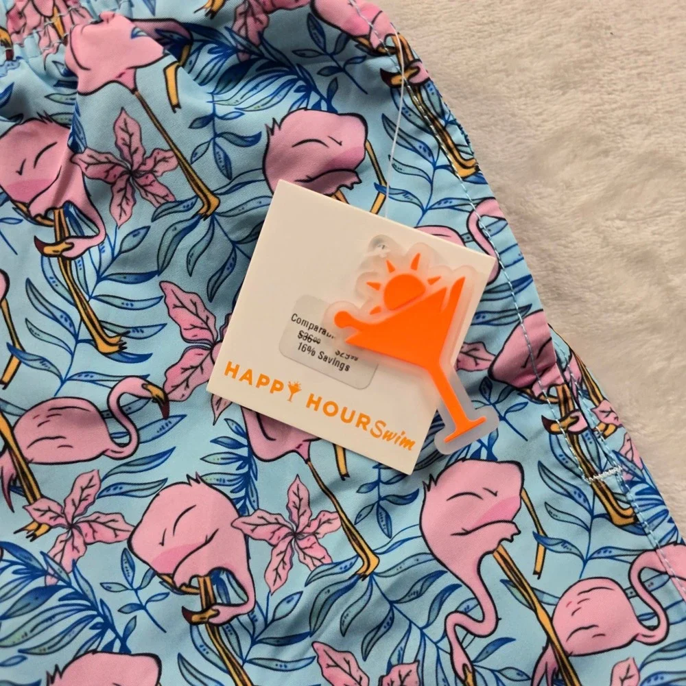 Happy‎ Hour Swim Trunks Mens 2XL Blue Pink Flamingo Tropical Cypress NEW - Picture 4 of 7